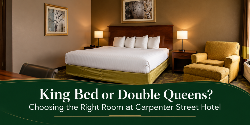 Springfield IL hotel rooms at Carpenter Street Hotel with King and Double Queen beds